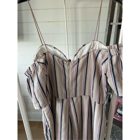 Hot Miami Styles pinstripe strappy jumpsuit flutter sleeves slit legs medium - Picture 8 of 13